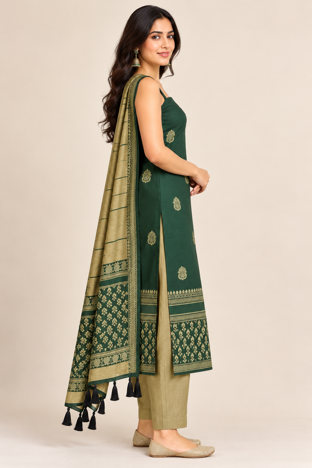 Bottle Green Paisley Silk Cotton Unstitched Salwar Suit Set