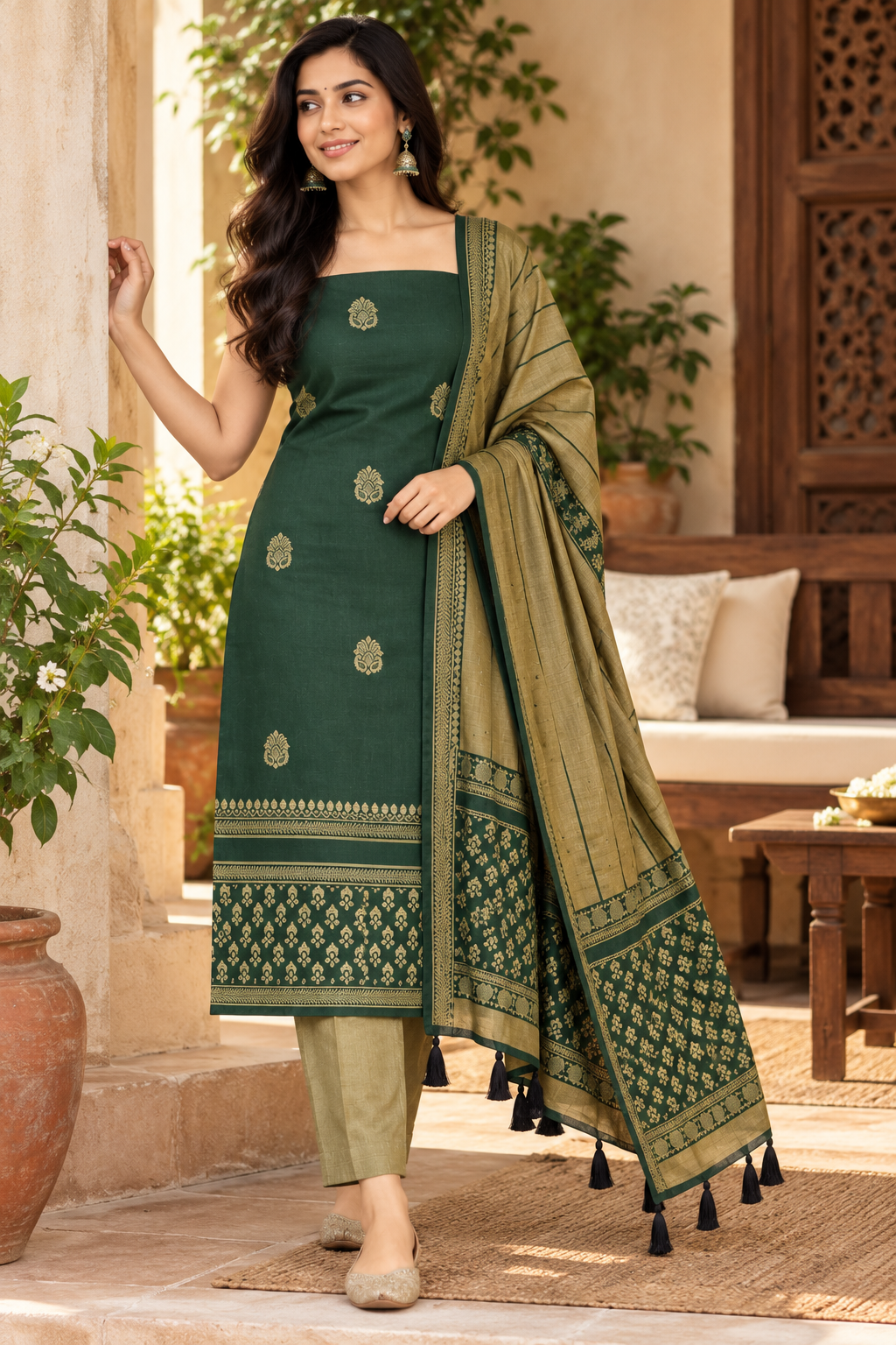 Bottle-green paisley salwar suit with olive-beige dupatta, full-length lifestyle view