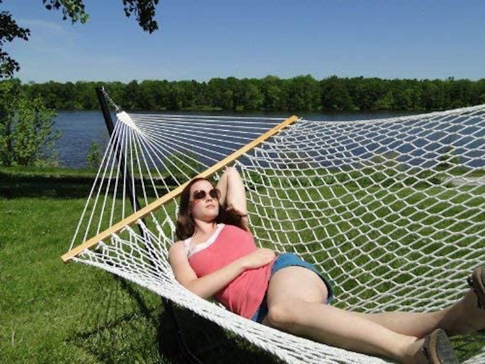 White Polyester Rope Hammock | 4.7 Ft Wide | Double | Oak Spreader Bar