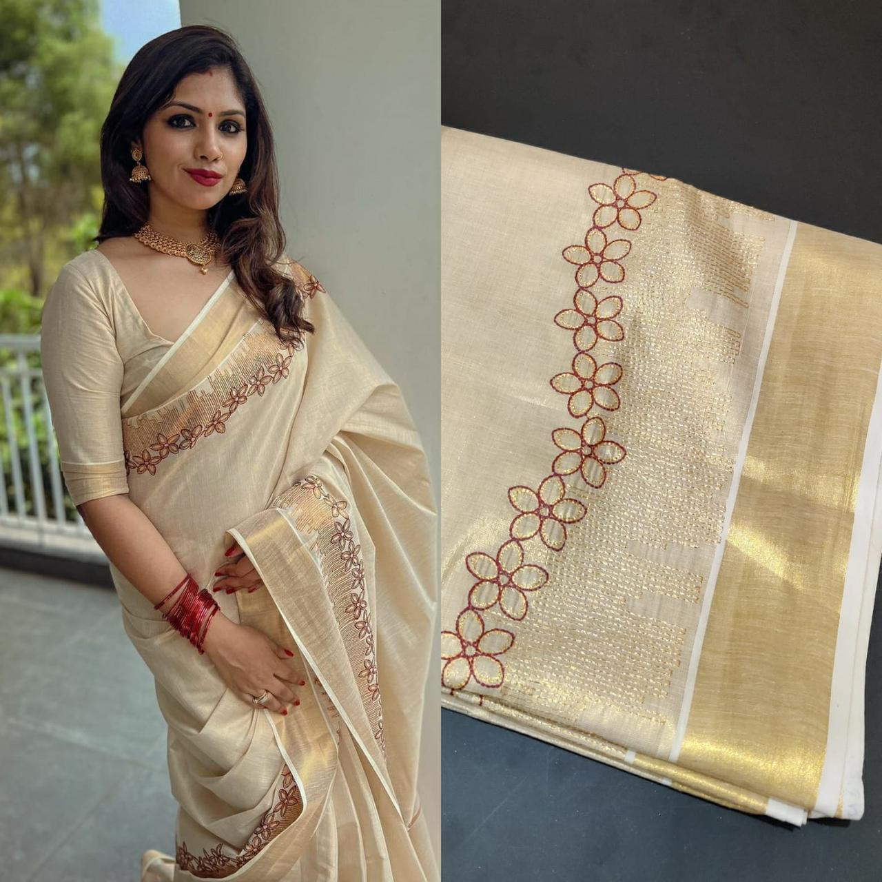 SATIEKA | Kerala Golden Tissue Embroidered Kasavu Saree