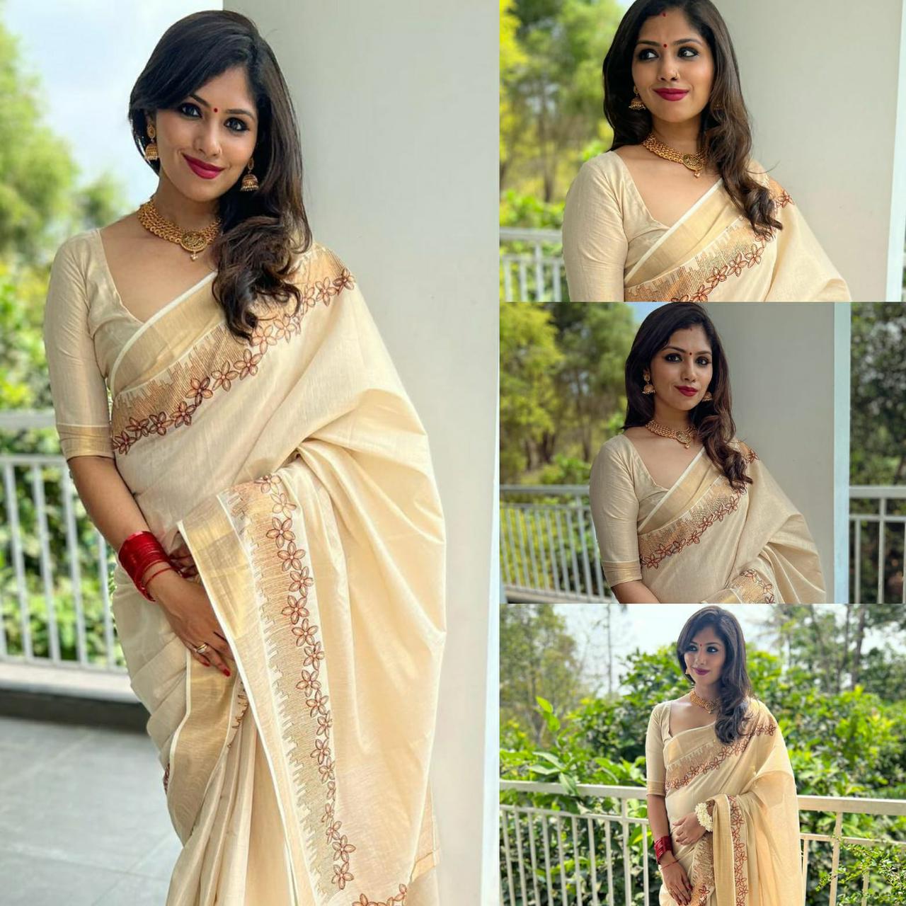 SATIEKA | Kerala Golden Tissue Embroidered Kasavu Saree