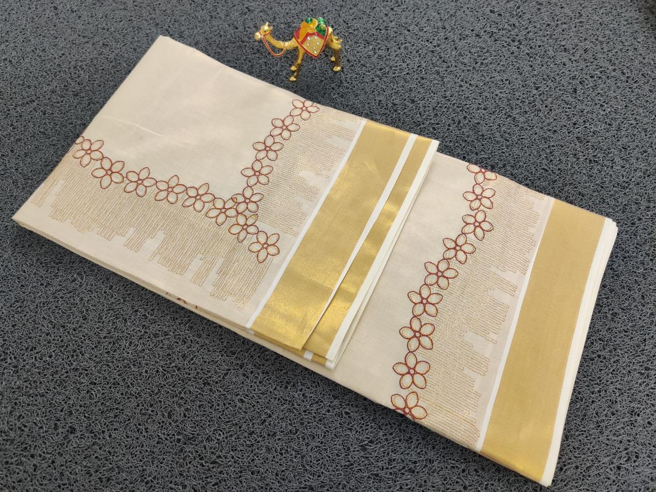 SATIEKA | Kerala Golden Tissue Embroidered Kasavu Saree