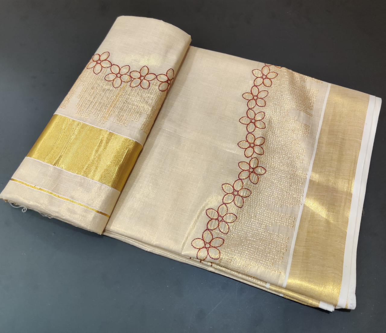 SATIEKA | Kerala Golden Tissue Embroidered Kasavu Saree