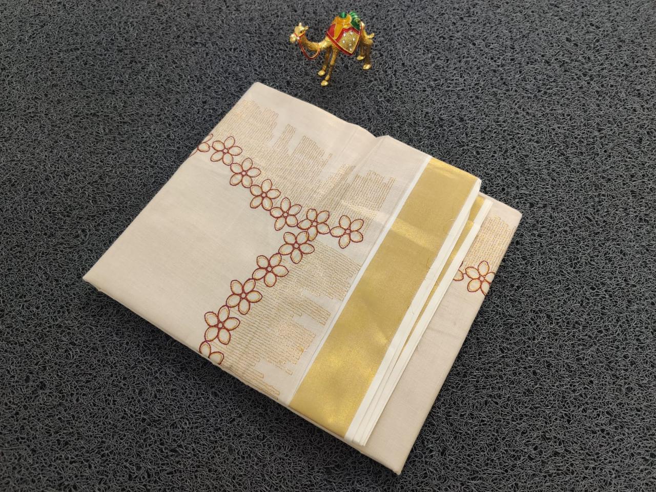 SATIEKA | Kerala Golden Tissue Embroidered Kasavu Saree