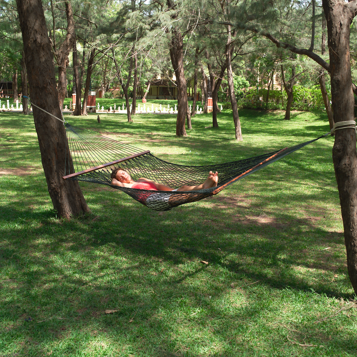 Green Polyester Rope Hammock | 4.7 Ft Wide | Double | Oak Spreader Bar