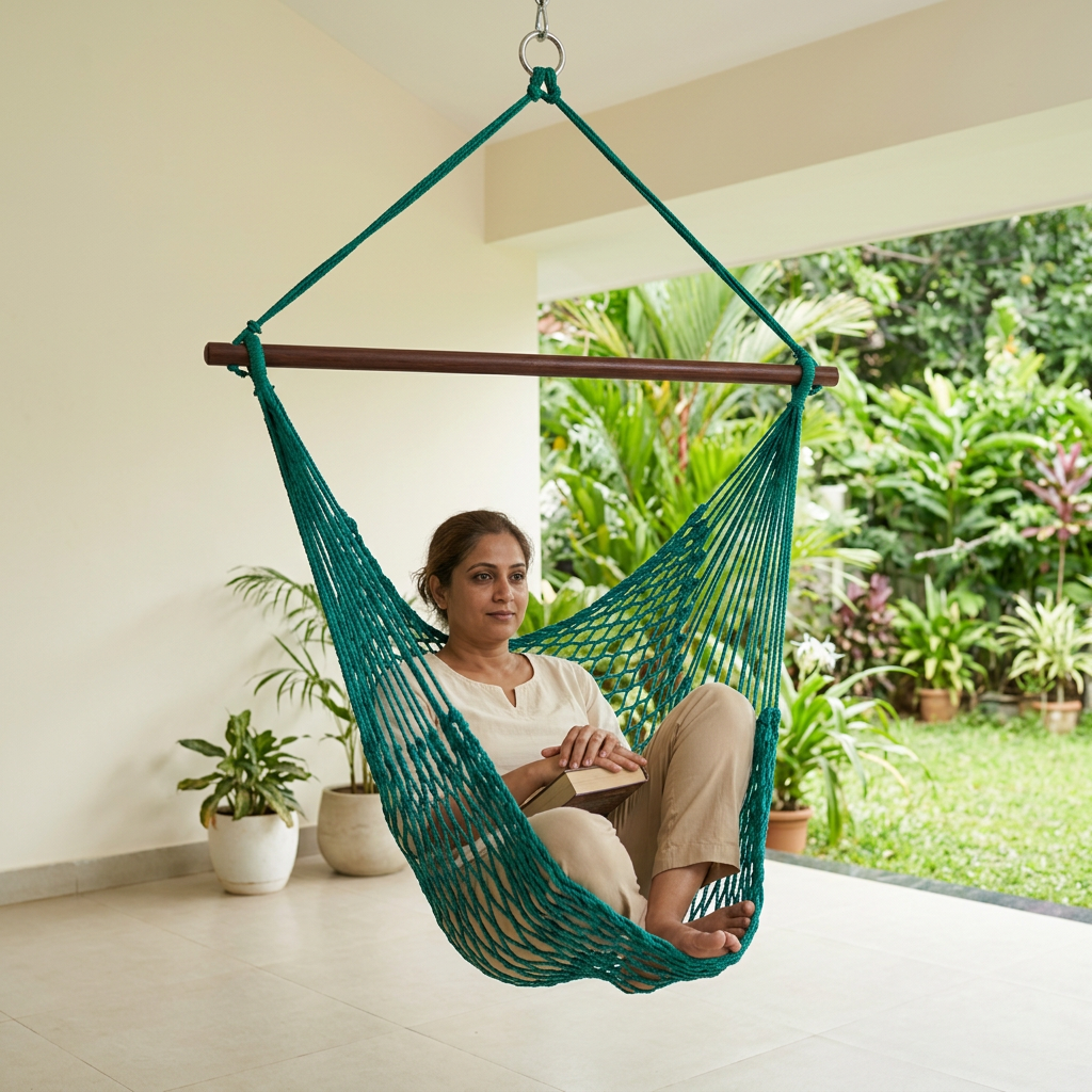 Green swing chair with a model