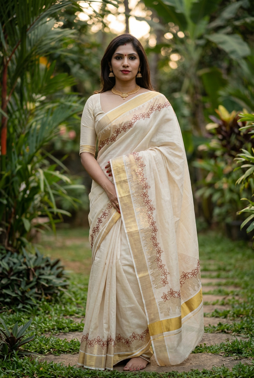Red Floral Embroidered Kasavu saree, generated garden styling view