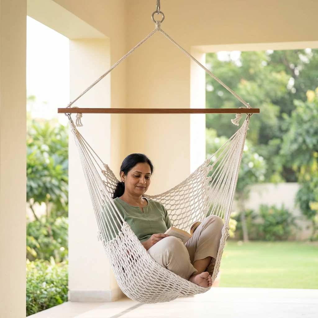 Woman reading in a natural white polyester rope swing chair on a covered veranda
