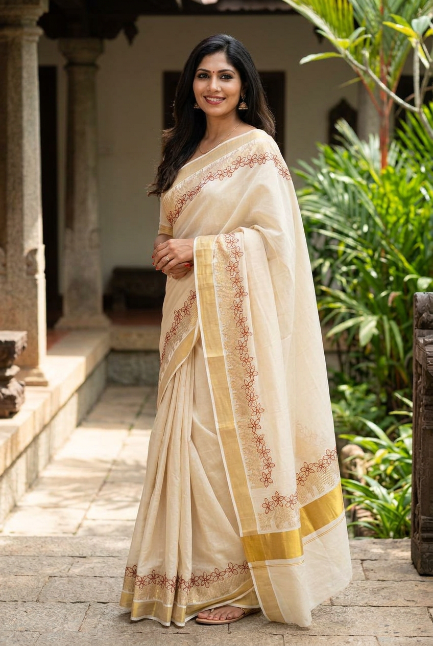 Red Floral Embroidered Kasavu saree, generated side styling view
