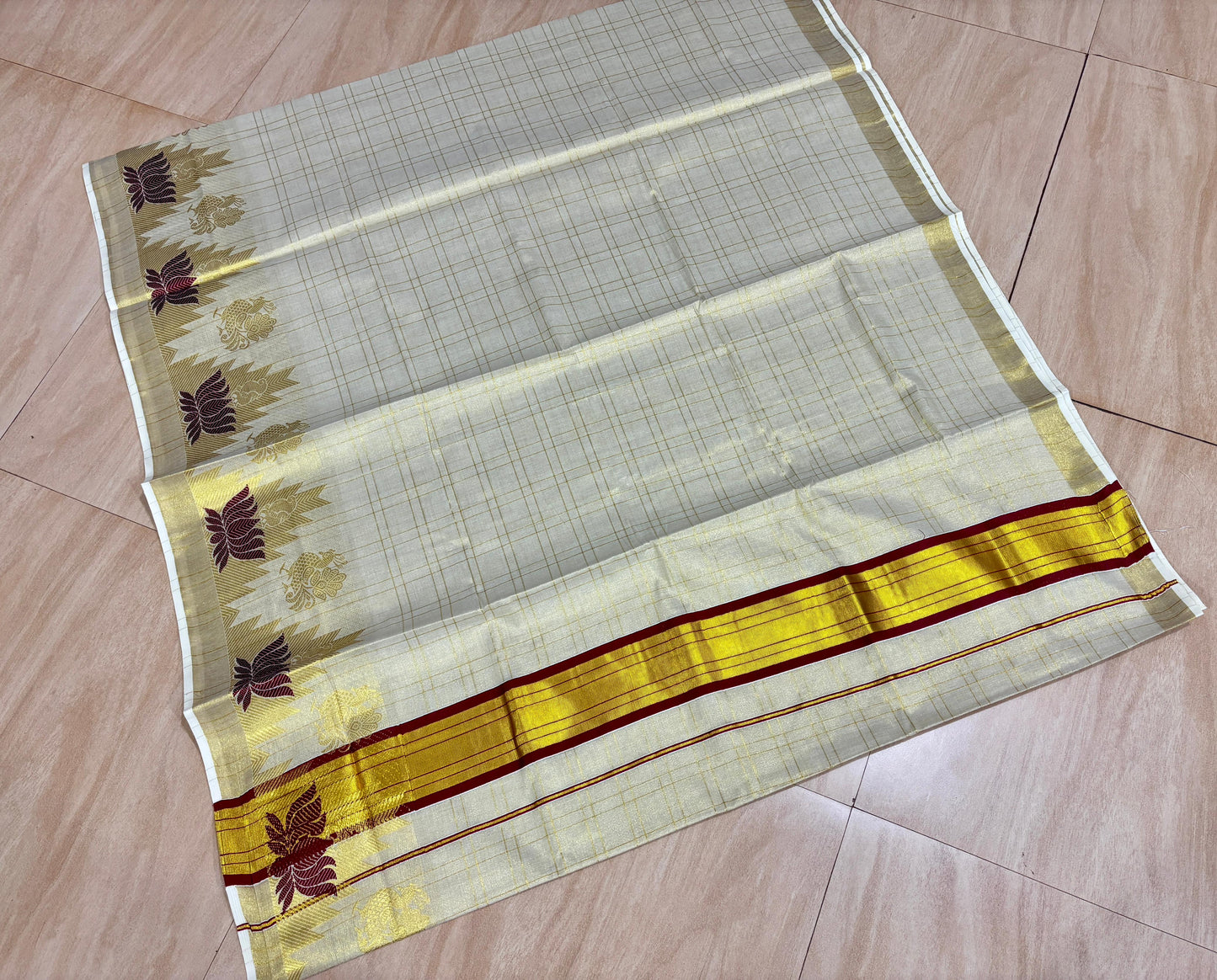 SATIEKA | Kerala Golden Tissue Temple Maroon Lotus Checks Kasavu Saree