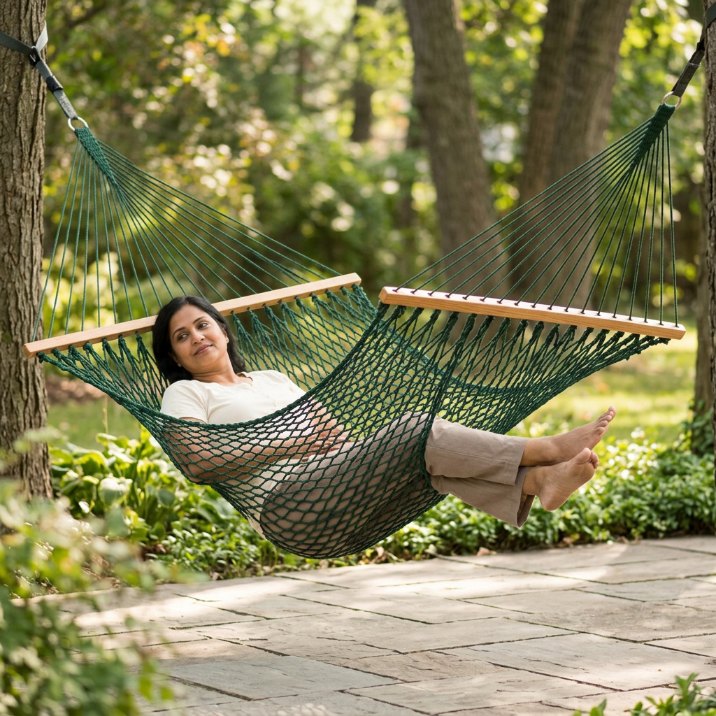 Person relaxing in the green rope hammock