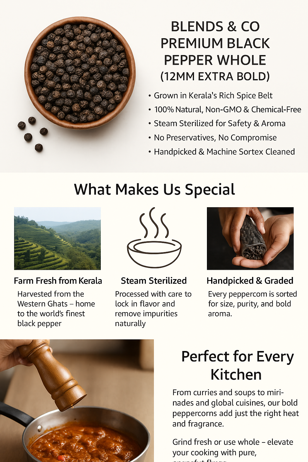 Blends & Co | Black Pepper Whole (12mm Extra Bold) | Aromatic Kali Mirch
