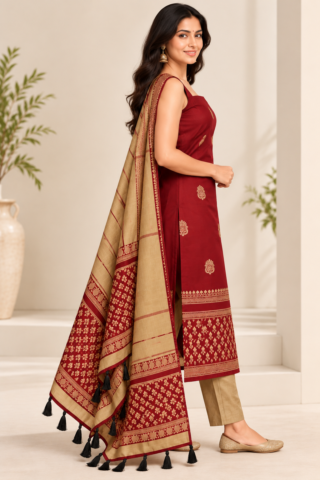 Styled side view showing maroon top, beige bottom and contrasting patterned dupatta