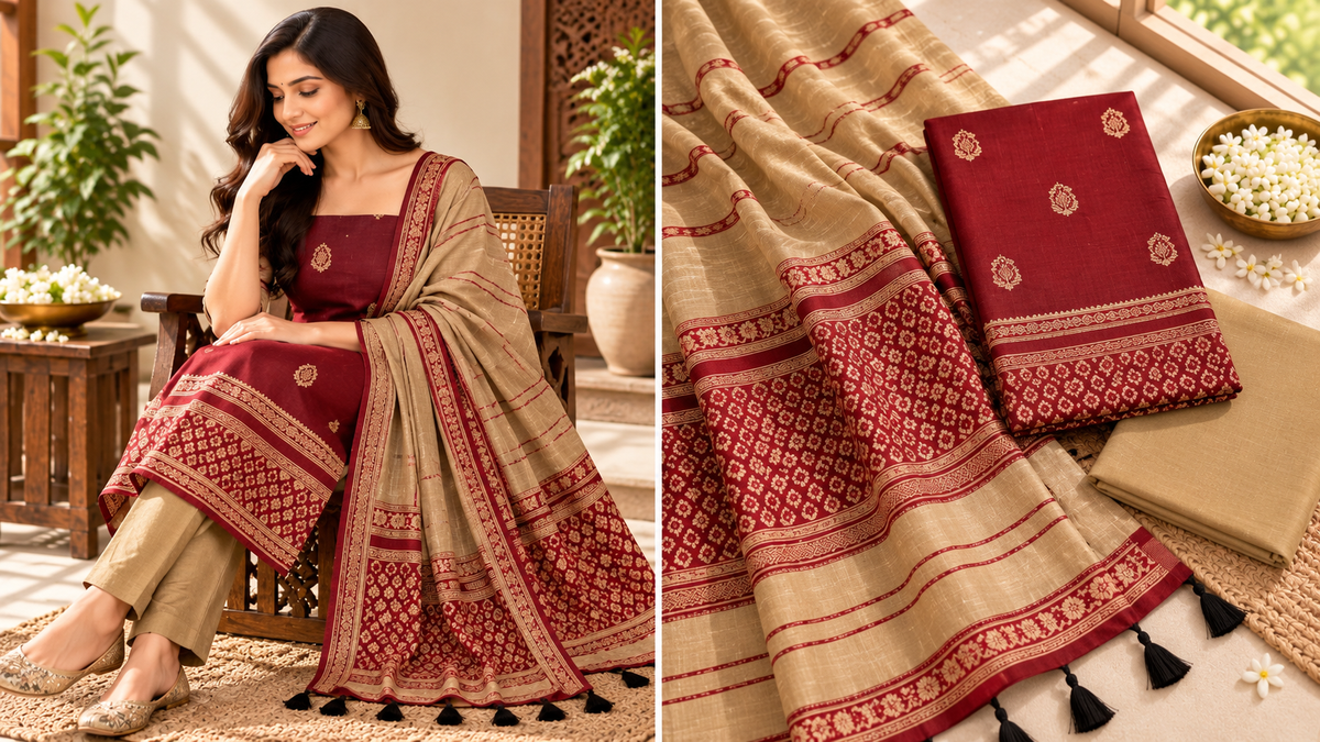 Maroon and beige salwar set collage with fabric, motif, border and dupatta details