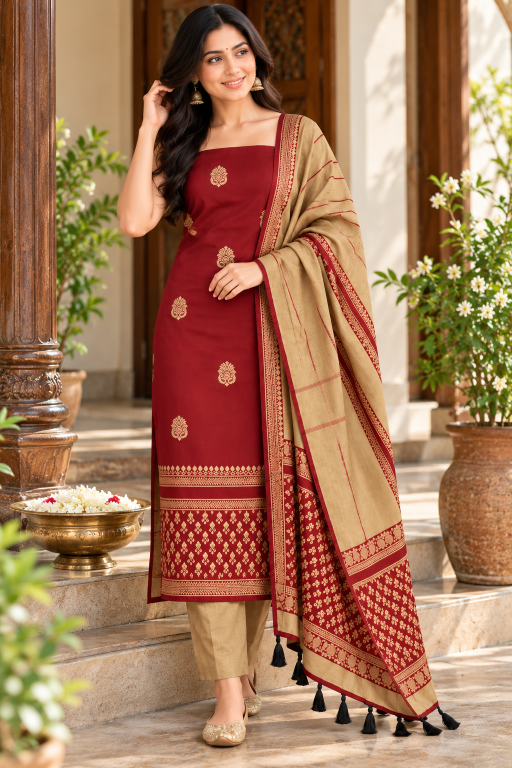 Styled maroon and beige salwar suit on a sunlit veranda; illustrative stitched look