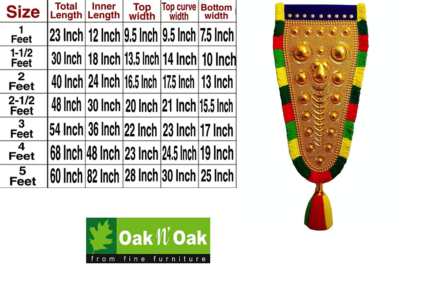 OAK N' OAK | 2.50 FEET | Kerala Traditional Gold Plated Ornamental Decorative Wall Hanging nettipattom (Caparison) by artisans from Kerala
