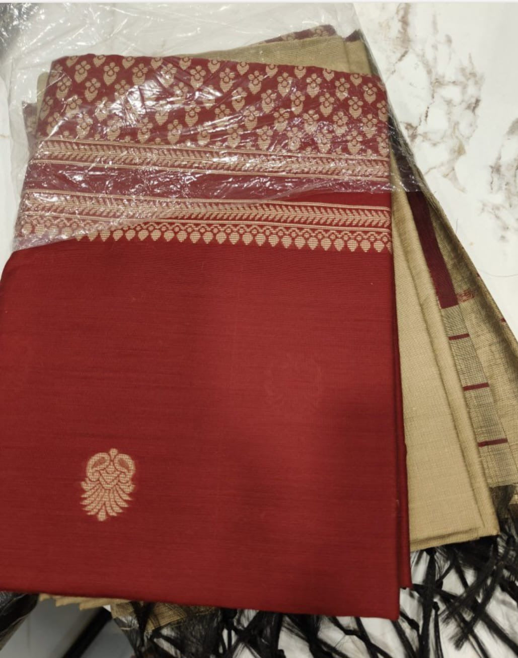 Lifestyle and flat-lay views of maroon buta salwar set with beige bottom and dupatta