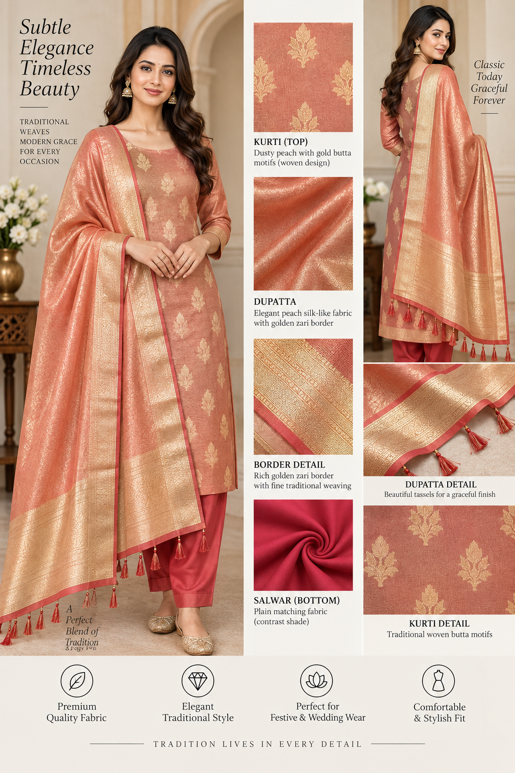 SATIEKA dusty peach Banarasi unstitched suit set with gold butta kurti, zari dupatta and contrast salwar
