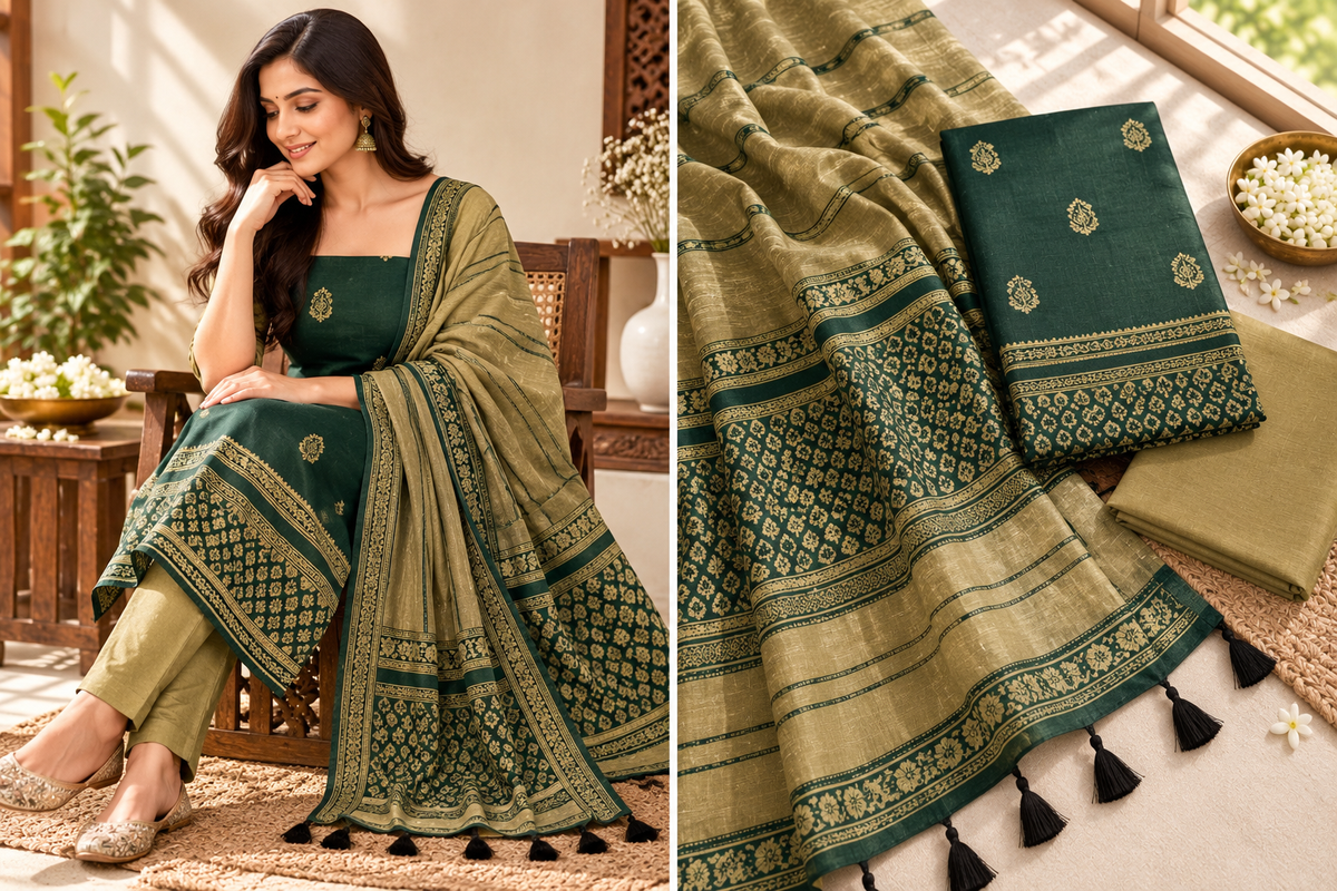Bottle-green and olive-beige salwar set, styled look and fabric detail