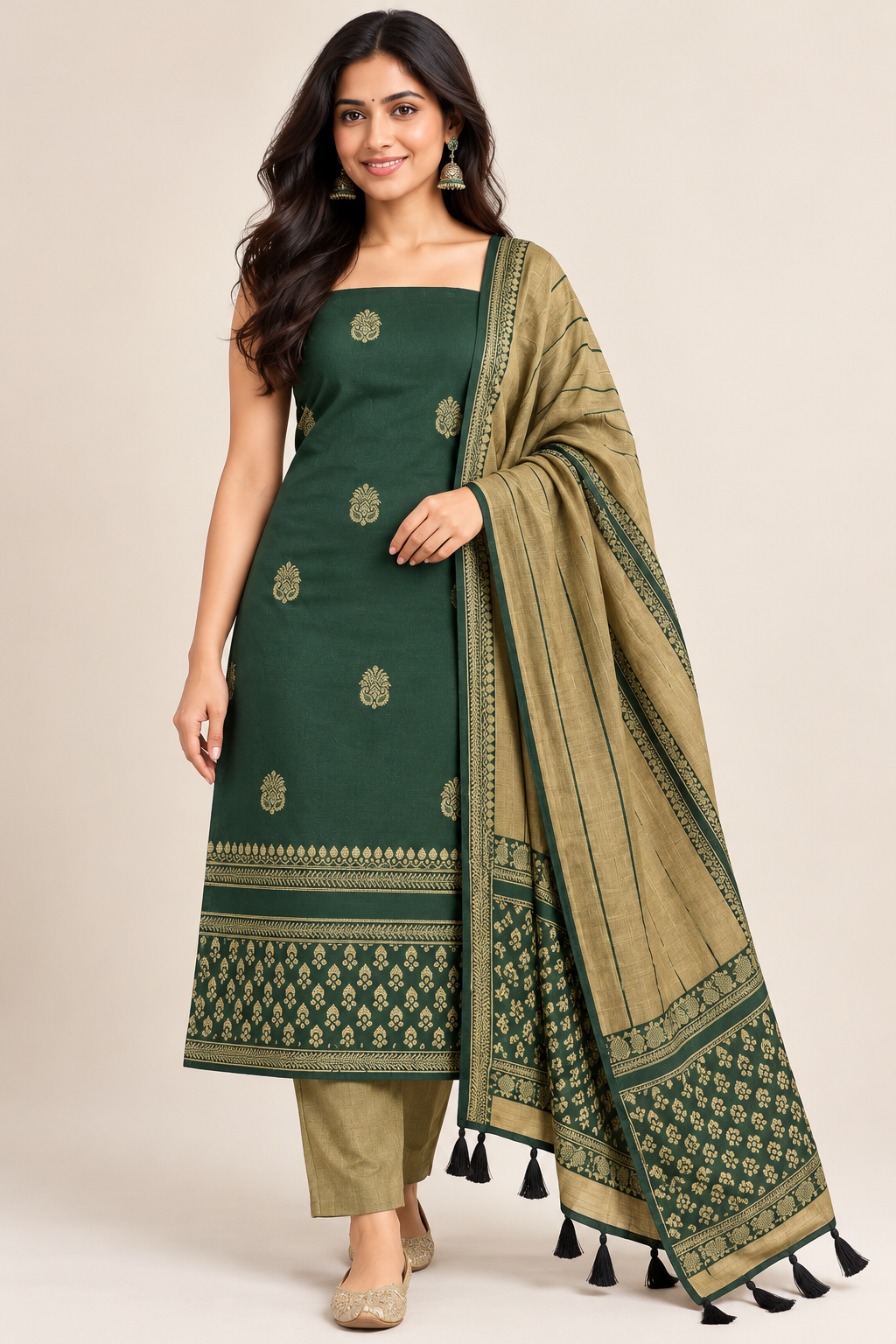 Bottle-green paisley salwar suit styled with olive-beige bottom and bordered dupatta, front view