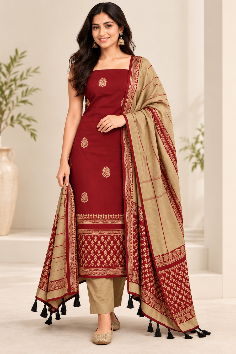 Styled front view of maroon buta salwar suit with beige bottom and bordered tasselled dupatta; stitching inspiration for unstitched fabric