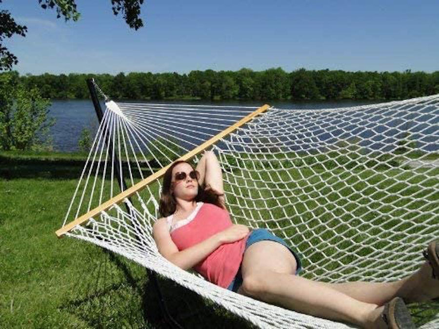 White Polyester Rope Hammock | 4.7 Ft Wide | Double | Oak Spreader Bar