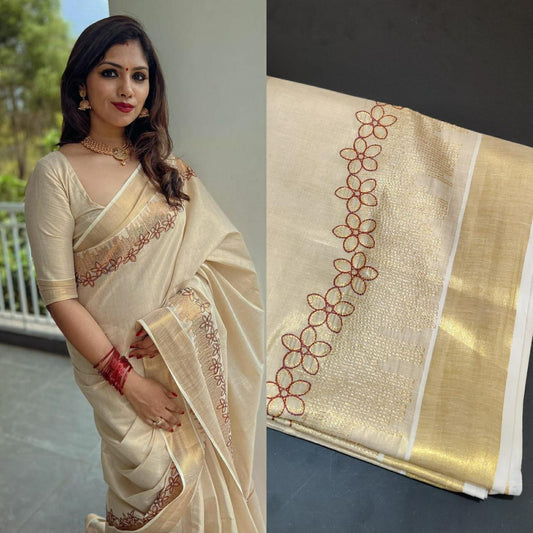 SATIEKA | Kerala Golden Tissue Embroidered Kasavu Saree