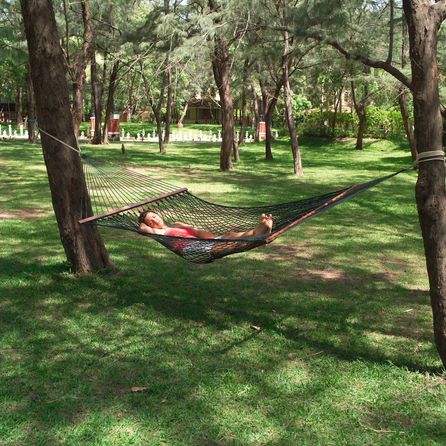 Green Polyester Rope Hammock | 4.7 Ft Wide | Double | Oak Spreader Bar