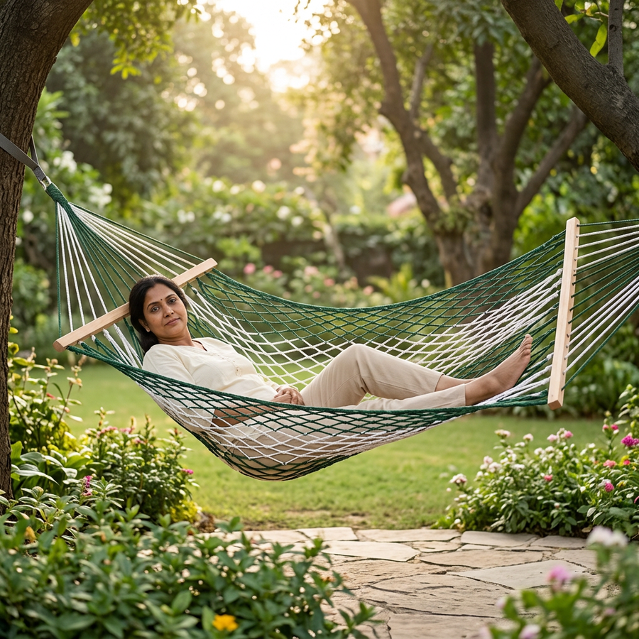 Adult relaxing in the green-and-white hammock