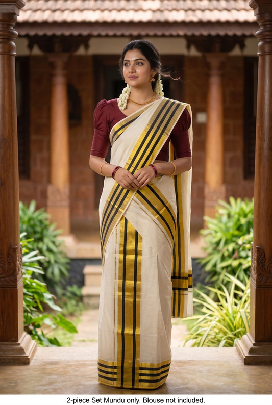 Black big-stripe and gold Set Mundu