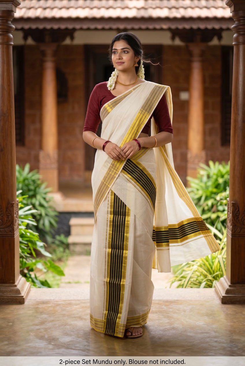 Black small-stripe and gold Set Mundu