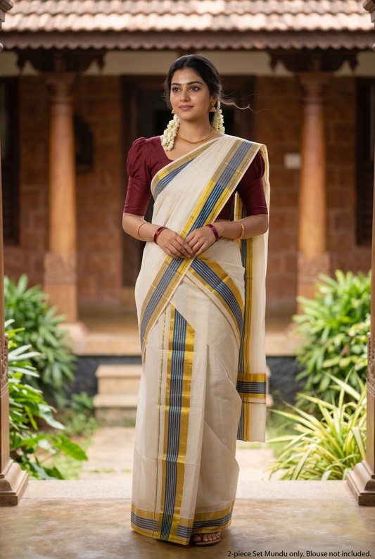 Blue and gold Set Mundu