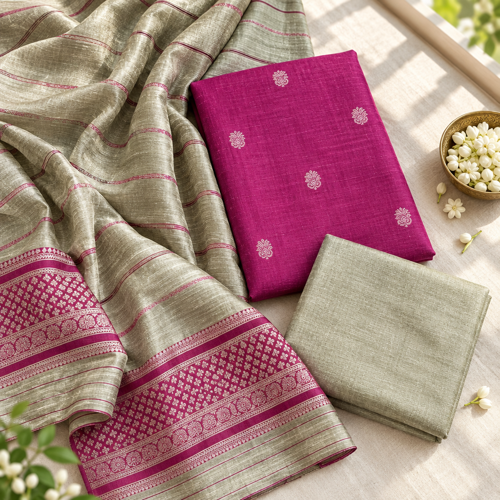 Dark Pink unstitched suit fabrics in a lifestyle flat lay