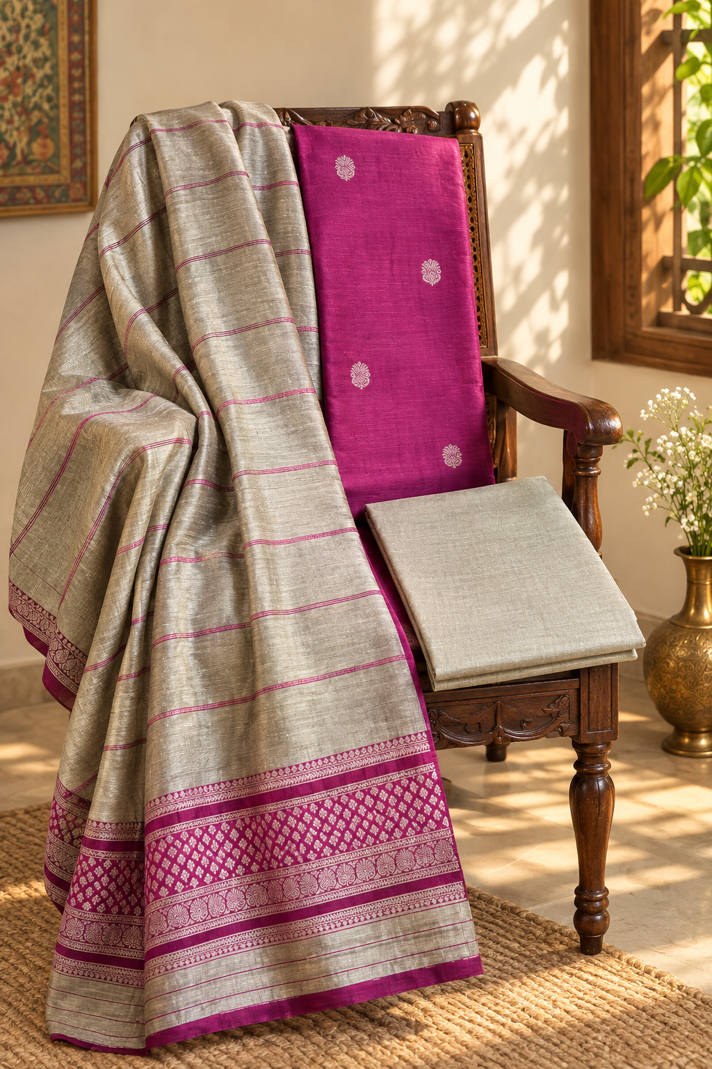 Dark Pink unstitched suit fabrics styled on a chair