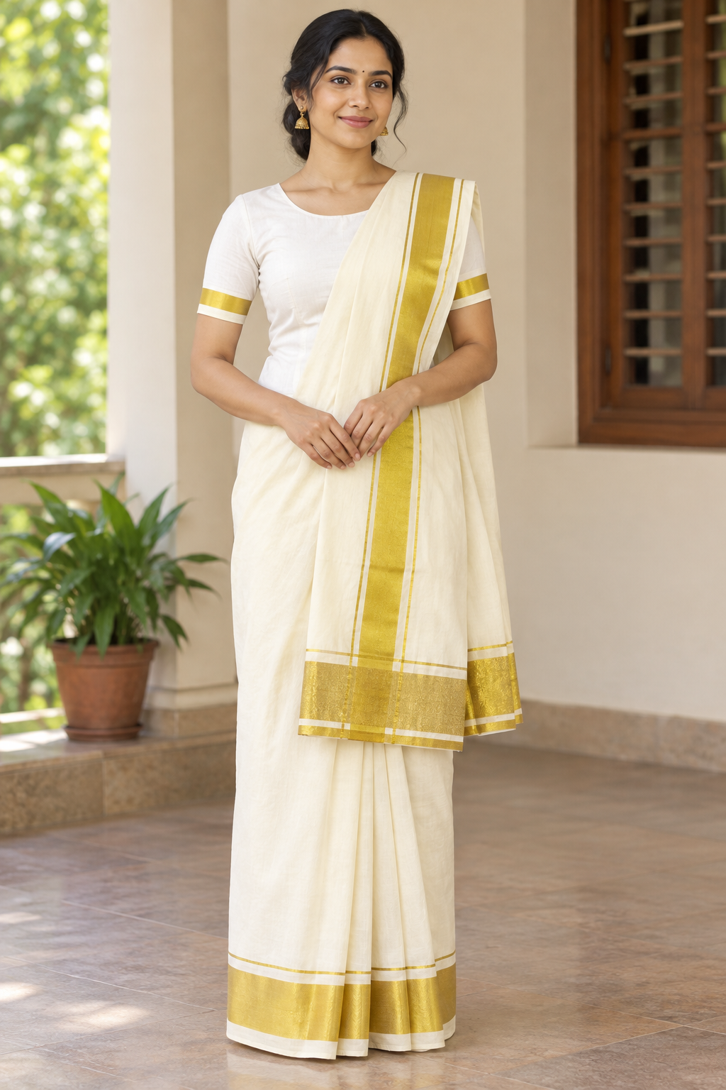 Golden Plain model with white and gold-bordered blouse