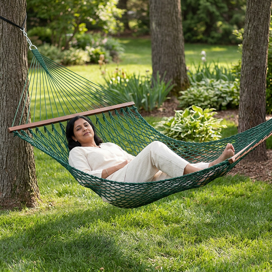 Woman reclining in the green 4 ft rope hammock in a sunlit garden