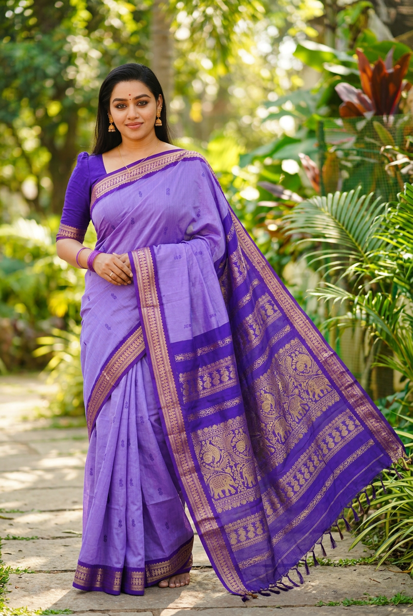 Lavender Kalyani saree, garden pose