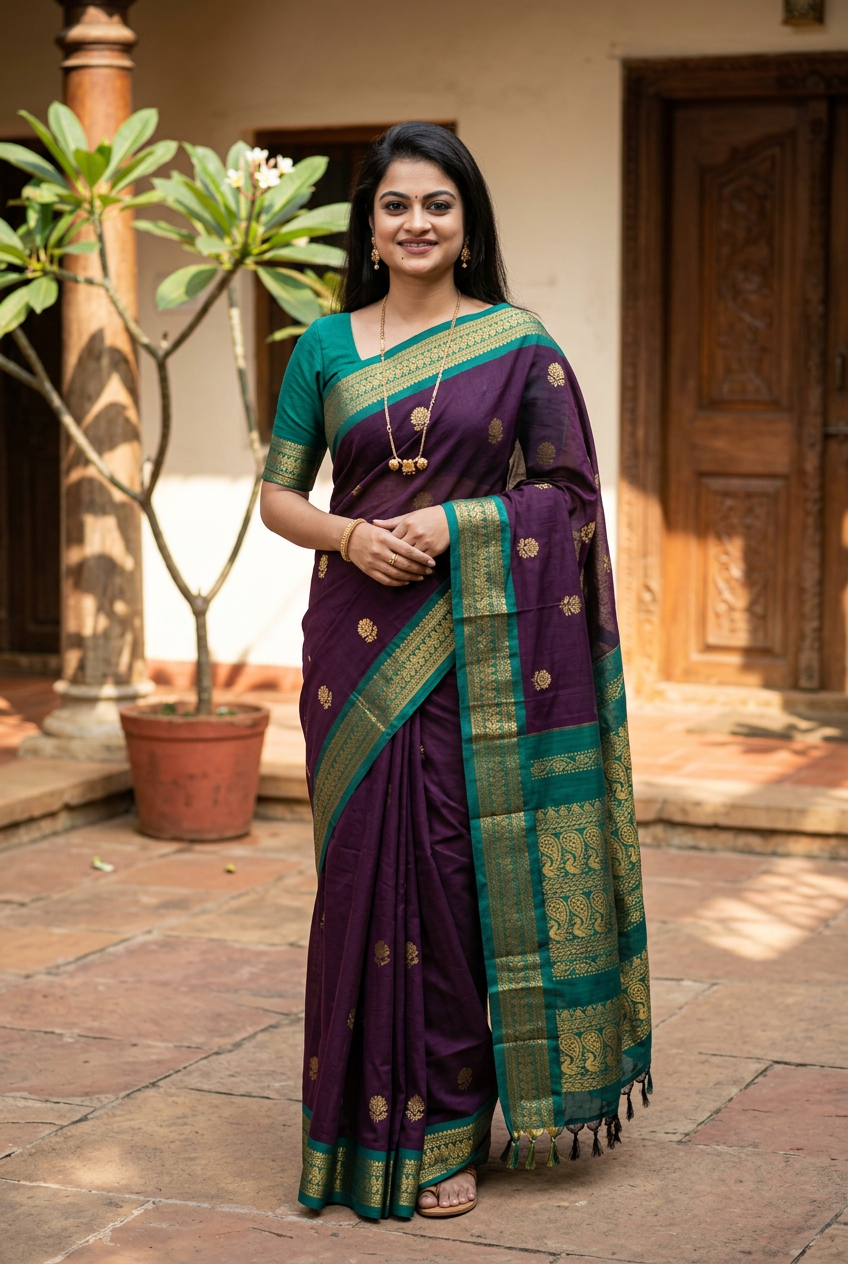 Deep Purple Kalyani saree, courtyard pose