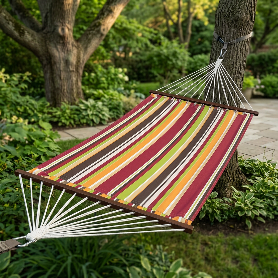 Multicolour striped fabric hammock with wooden spreader bars and white suspension ropes in a green garden