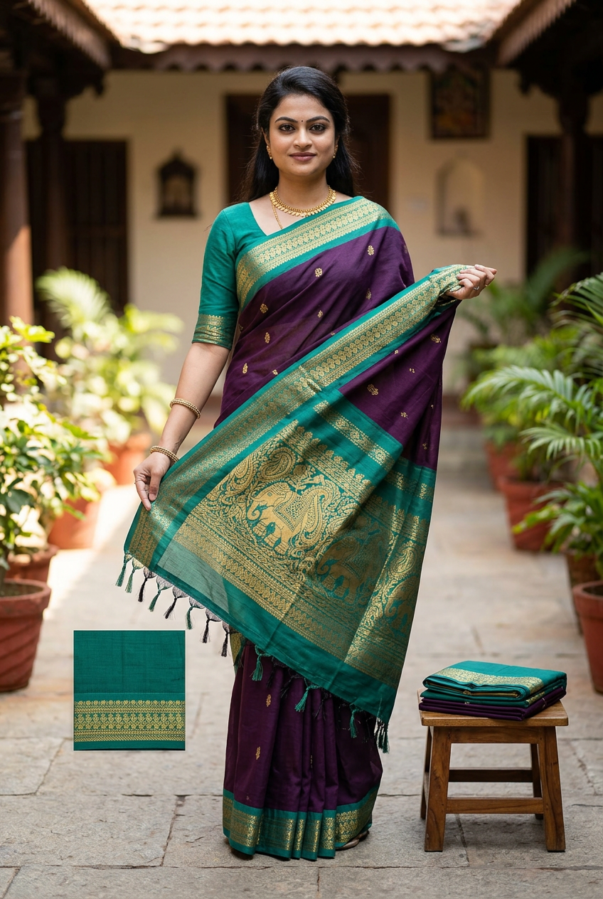 Deep Purple Kalyani saree, pallu display