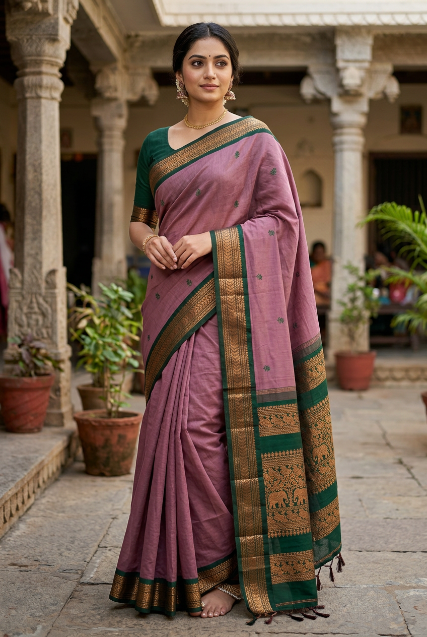 Onion Pink Kalyani saree, courtyard pose