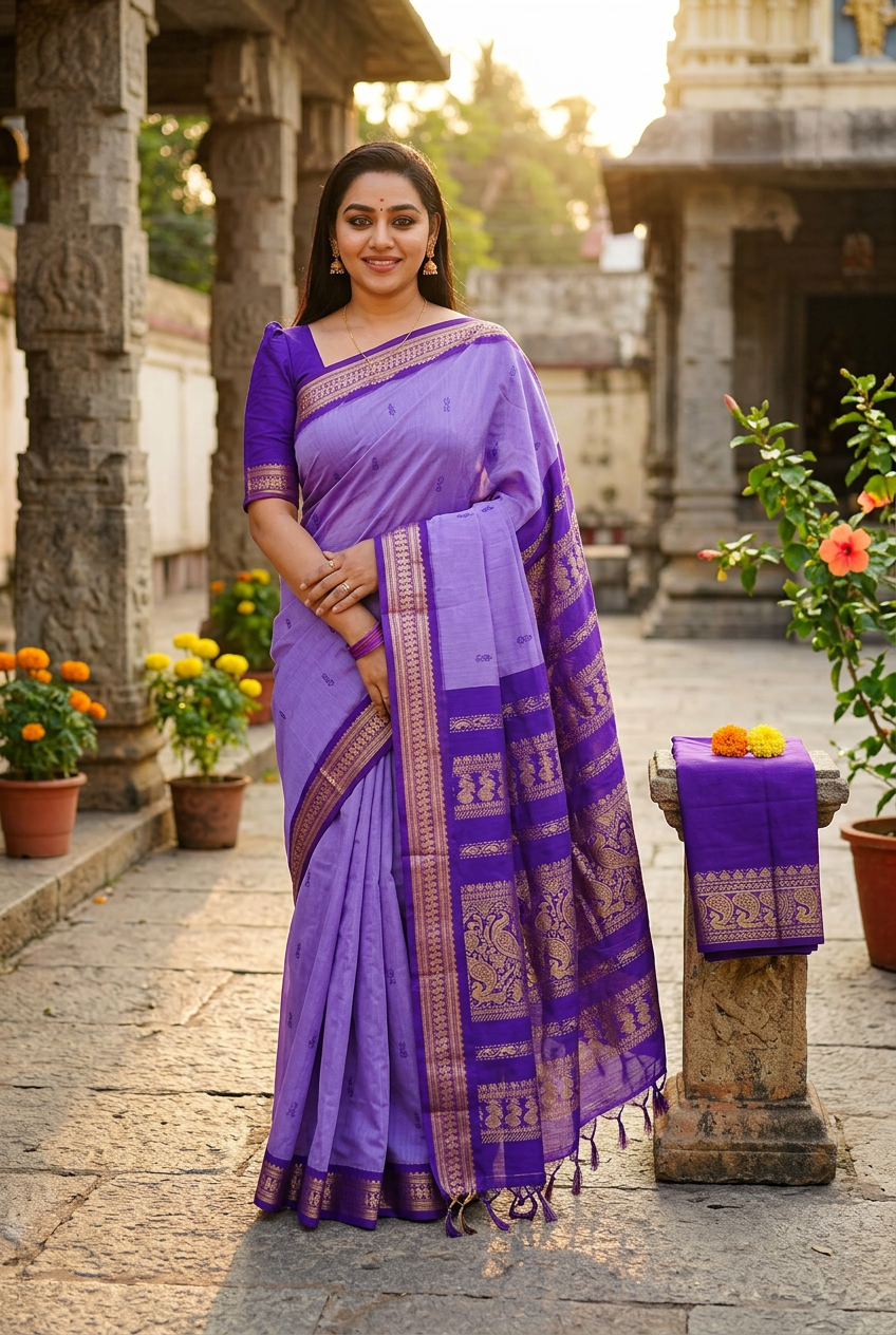 Lavender Kalyani saree, courtyard pose