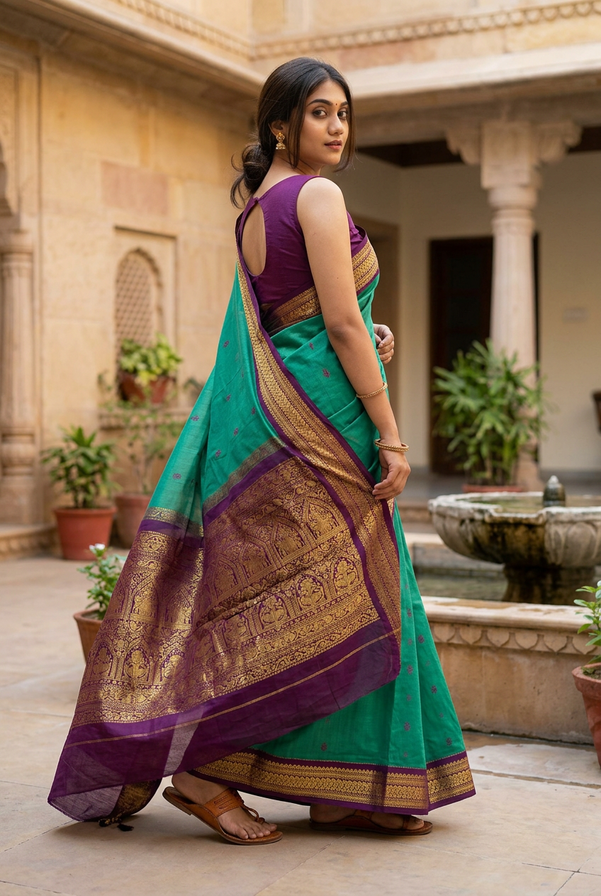 Parrot Green Kalyani saree, side pose