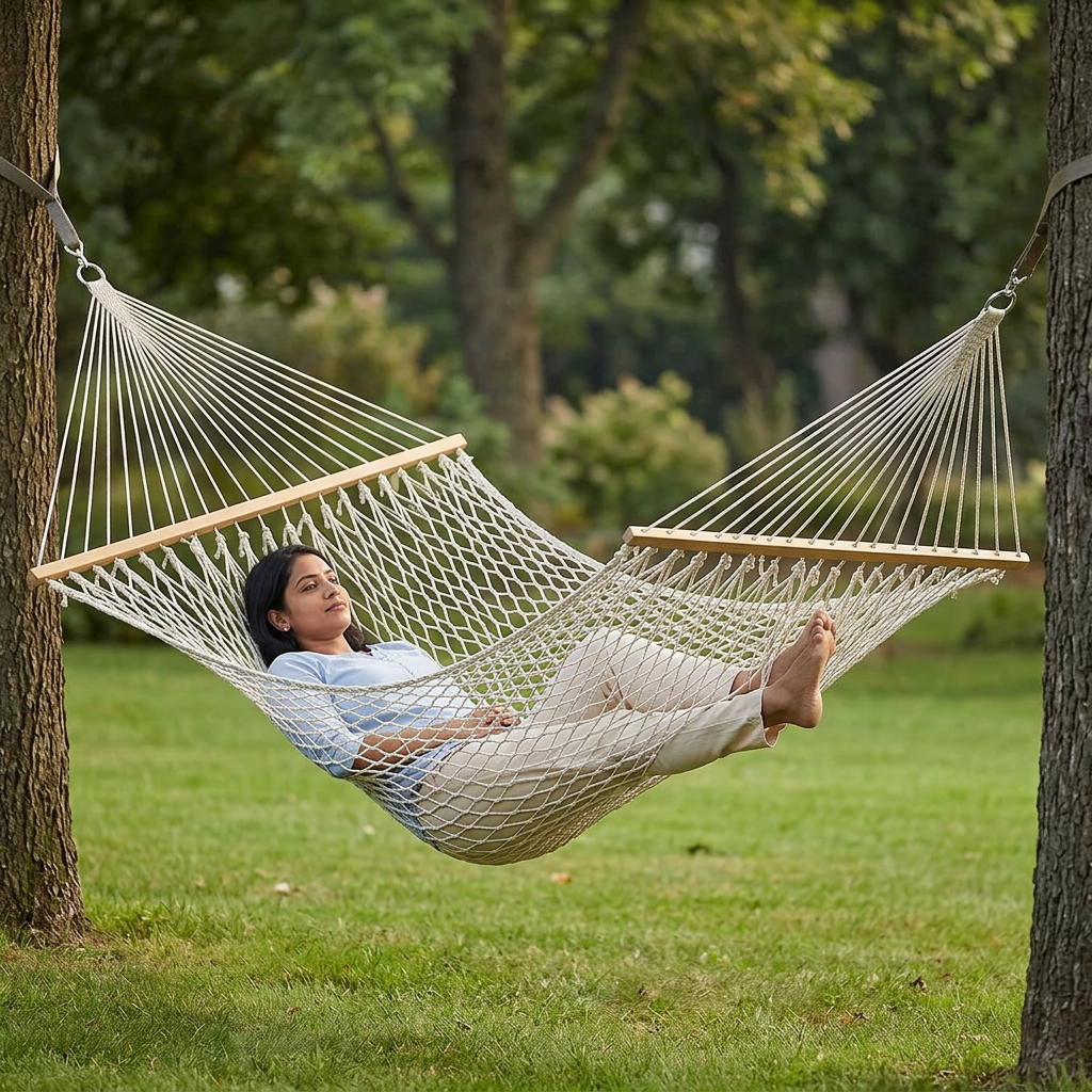 Adult reclining in a white double rope hammock with wooden spreader bars in a garden