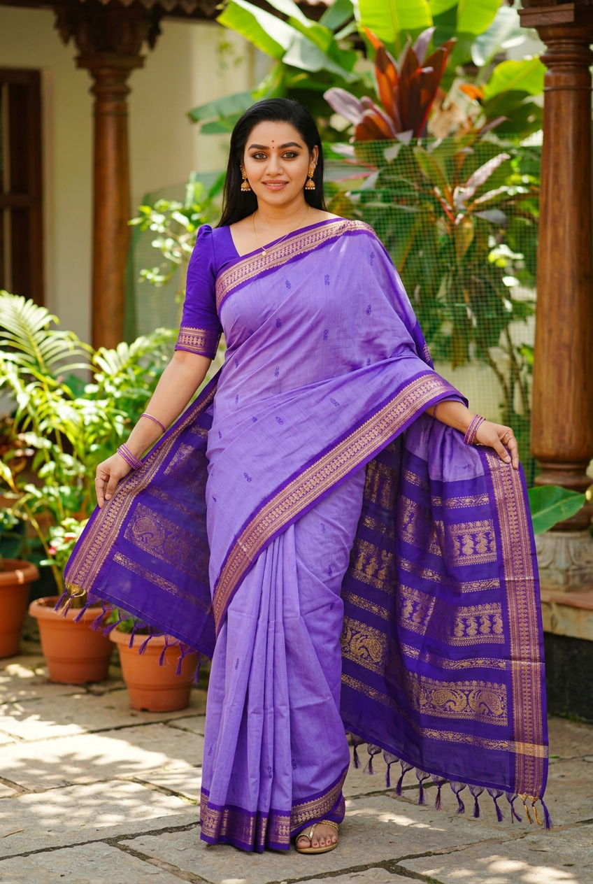 Lavender Kalyani saree, pallu display