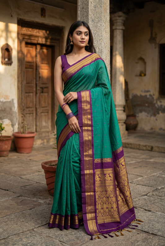 Parrot Green Kalyani saree, courtyard pose