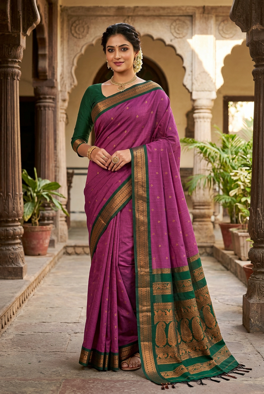 Purple Kalyani cotton saree, courtyard model pose