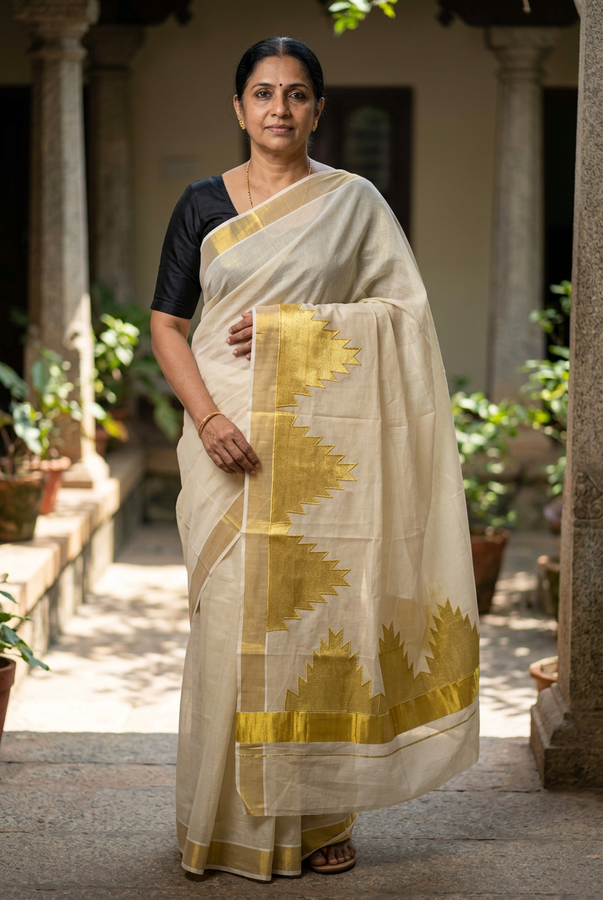 Big Temple Kasavu saree, generated front pallu styling view