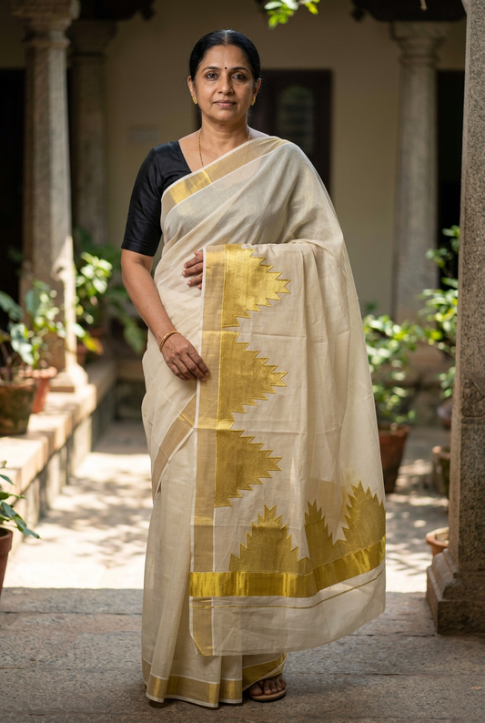 Big Temple Kasavu saree, generated front pallu styling view