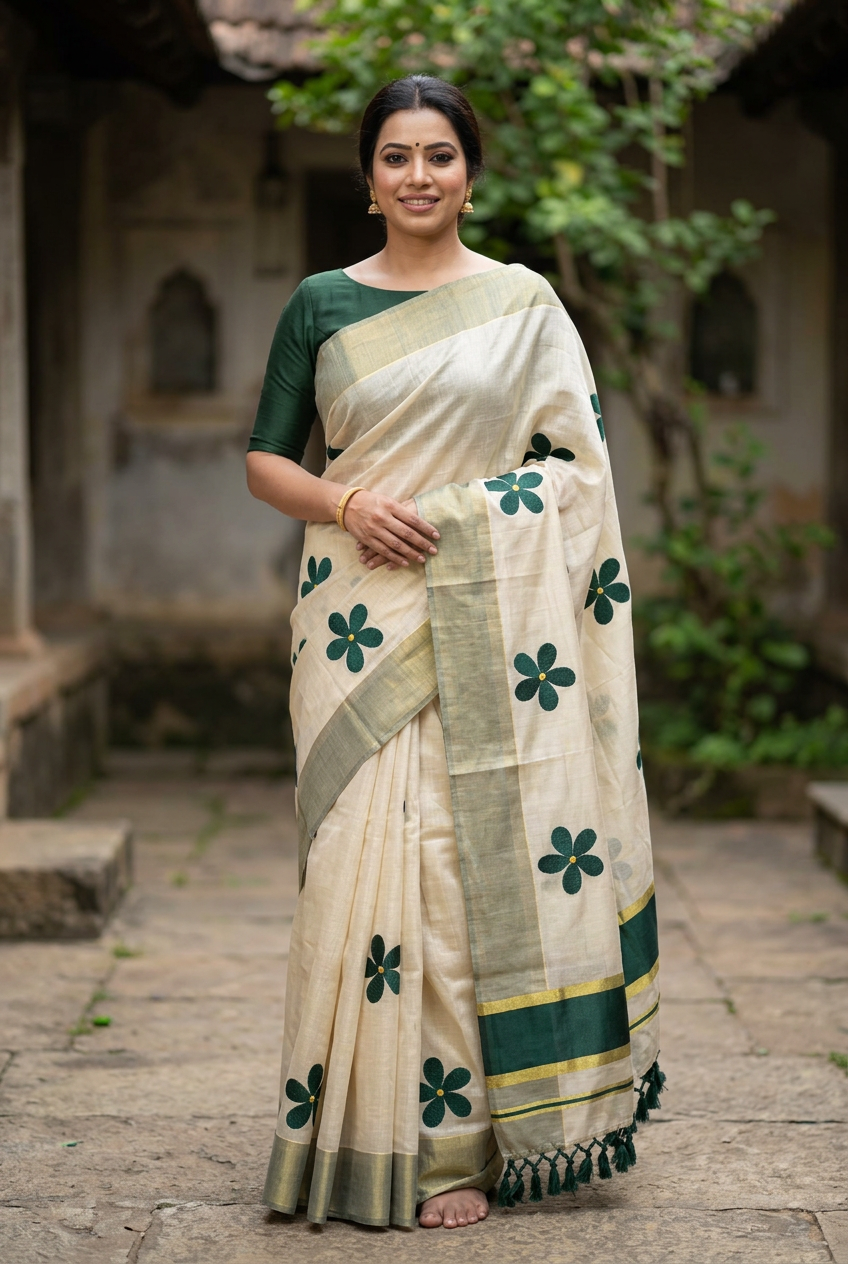 Green Floral Tissue Kasavu saree, generated courtyard styling view